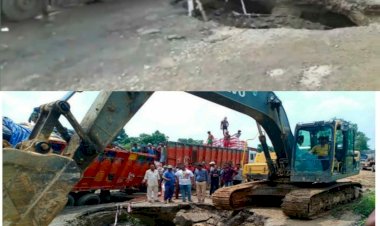 निर्माणाधीन नेशनल हाइवे की सड़क धंसने से फंस गया ट्रक, 6 घंटे लगा जाम