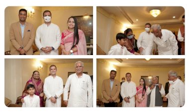 PHOTOS: राहुल गांधी CM भूपेश बघेल के बेटे चैतन्य और वधु ख्याति को आर्शीवाद देने पहुंचे होटल.... जानिए कब है शादी.... CM बोले, 