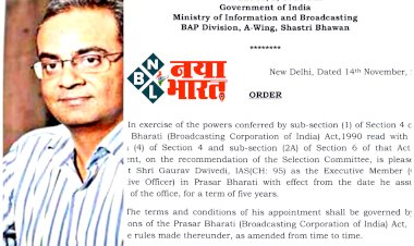 IAS पोस्टिंग BREAKING: गौरव द्विवेदी बने प्रसार भारती के CEO, छत्तीसगढ़ कैडर के अफसर की प्रतिनियुक्ति को हरी झंडी, देखें आदेश......
