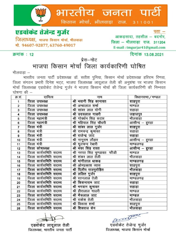भाजपा किसान मोर्चा ज़िला कार्यकारिणी घोषित