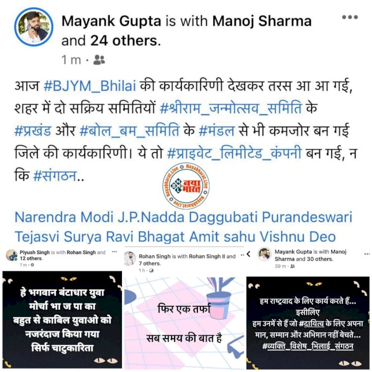 भिलाई भाजयुमो कार्यकारिणी ब्रेकिंग : BJYM कार्यकारिणी सूची पर बवाल….सांसद , विधायक समर्थक के इक्का-दुक्का नाम…….भाजपा का झंडा लंबे समय से उठा रहे संगठन को मजबूती प्रदान कर पसीना बहा रहे इन युवाओं को किया गया नज़रअंदाज़…….सोशल मीडिया में युवा नेताओ ने निकाली भड़ास…….