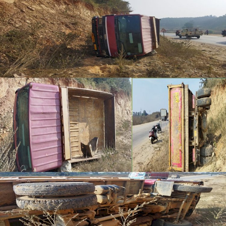 टाटा 912 टीपर अनियंत्रित होकर कुंवरपुर जलाशय मोड़ के समीप पलटी।