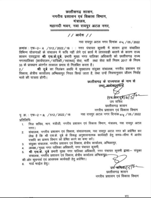 मुख्यमंत्री बघेल ने कुसमी नगर पंचायत के सीएमओ को सस्पेंड करने के दिए निर्देश