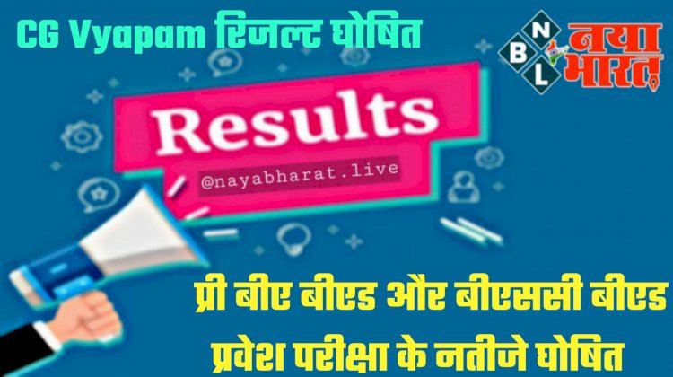 CG Vyapam रिजल्ट घोषित: प्री बीए बीएड और बीएससी बीएड प्रवेश परीक्षा के नतीजे घोषित... यहां देखें अपना रिजल्ट एक क्लिक में और टॉप टेन लिस्ट भी....