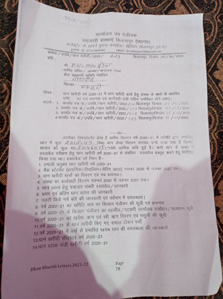 भरारी धान खरीदी केंद्र को नवलदास मानिकपुरी के रूप में मिला नया प्रभारी एचएन पुरेना ने रात में आ कर दिया आदेश आखिर क्यों प्राधिकृत अधिकारी इस धान खरीदी केंद्र पर लगा रहे हैं अपना पूरा जोर 2014 में अध्यक्ष मैनेजर समेत चार लोगों पर एफ आई आर दर्ज कराने कलेक्टर ने किया था आदेश इन्हीं कारनामों में लीपापोती के लिए लगातार हो रही है यहां उठापटक पढ़ें पूरी खबर