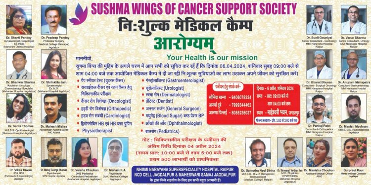 CG - मेडिकल जांच शिविर : सुषमा विंग्स का 6 अप्रैल को मेगा मेडिकल जांच शिविर का आयोजन होगा, बड़ी संख्या में विशेषज्ञ डॉक्टरों की उपस्थिति, निशुल्क जांच सुविधा भी उपलब्ध रहेगी...