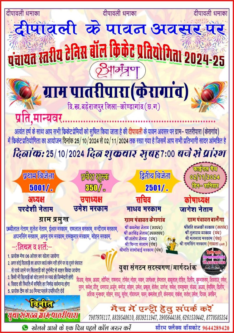 CG - ग्राम पातरीपारा में क्रिकेट प्रतियोगिता 25 अक्टूबर से...